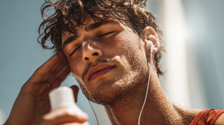 A young man with tousled hair smiles, enjoying a refreshing facial mist while connected to headphones, basking in the warmth of a sunny day.の素材