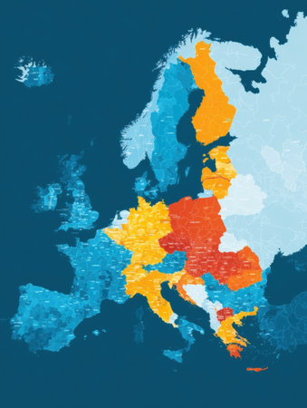 The map highlights regions of Europe in various colors, showing demographic, geographical, and cultural distinctions.の素材