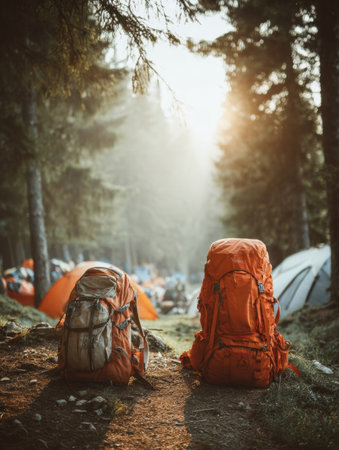 Two colorful backpacks sit on a path surrounded by tall trees, while camping tents are visible in the background during a golden sunset.の素材