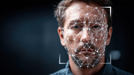 A man with a serious expression is depicted as facial recognition technology overlays a network of points and lines on his face in a dark setting.の素材
