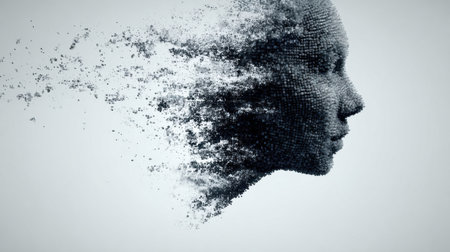 A digital art piece features a human face dissolving into pixels, highlighted by a minimalist background that symbolizes digital transformation.の素材