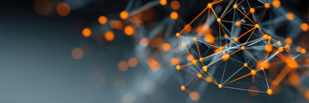 Interconnected nodes and lines create an abstract representation of digital connections, symbolizing data networks and technology advancements in communication.の素材