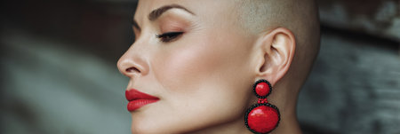 A confident woman with a shaved head, bold red earrings, and bright lipstick showcases her unique style against a textured backdrop.の素材