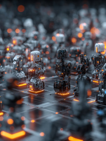Numerous small robots with intricate designs gather in a dark setting, featuring glowing orange accents that enhance their futuristic appearance.の素材
