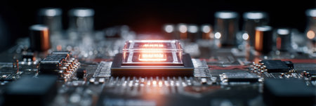 A glowing microchip is prominently displayed on a circuit board, revealing intricate components surrounding it in a dimly lit workspace focused on technology.の素材