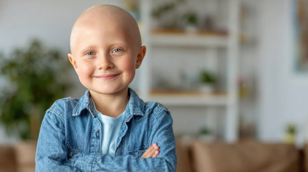 A young boy with a cheerful expression stands confidently with crossed arms in a sunny living room, showcasing a warm and inviting atmosphere.の素材