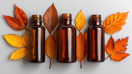 Amber glass bottles are placed neatly on a light surface, surrounded by colorful autumn leaves in shades of orange and yellow.の素材