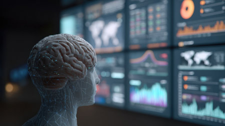 A brain model stands in front of multiple screens displaying data graphs and analytics related to artificial intelligence and technology trends.の素材