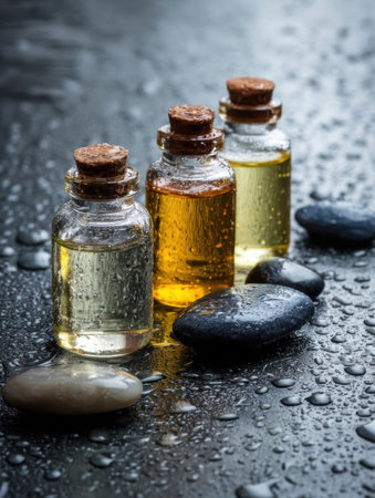 Three small glass bottles filled with essential oils sit on dark wet stones, glistening with water droplets, creating a serene and inviting environment.の素材