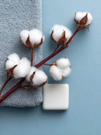 A cotton branch rests beside a soft towel and a bar of soap on a blue background, representing a peaceful self-care routine and comfort.の素材