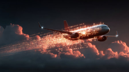 A jet soars high above, leaving behind a trail of vibrant lights against a backdrop of clouds at sunset, showing a blend of technology and nature.の素材