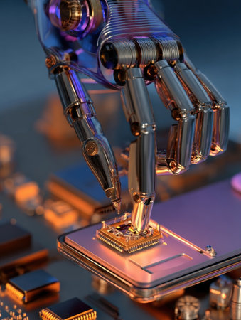 A metallic robotic hand delicately places a microchip onto a circuit board, showing advanced technology in a modern workshop environment.の素材