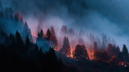 Thick smoke billows through dense forests as a fire burns in the mountains. Glowing embers illuminate the trees against the twilight backdrop.の素材