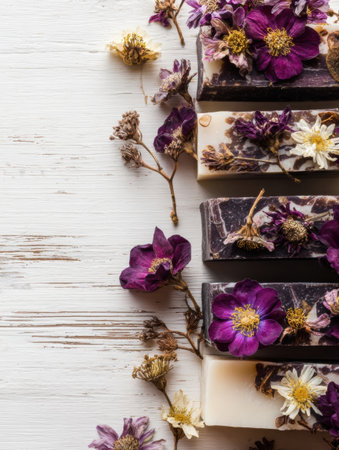 Handcrafted soaps with vibrant dried flowers arranged on a weathered wooden background. The artistic display showcases various colors and textures.の素材