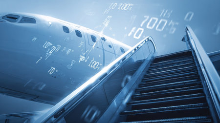 Passengers climb the boarding steps to an airplane, while digital data streams visually enhance the modern travel experience at the airport.の素材