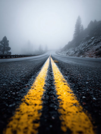 A long, winding road stretches through the mountains, shrouded in fog, with vibrant yellow lines guiding guides. The atmosphere feels serene and mysterious.の素材