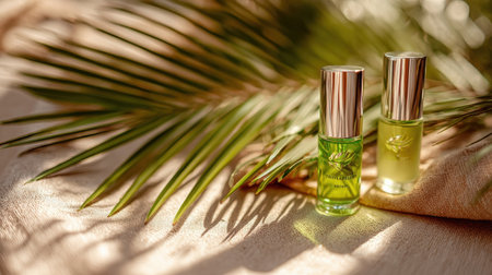 Two stylish nail oils in green and yellow bottles rest on a wooden surface surrounded by vibrant tropical leaves, creating a refreshing beauty atmosphere.の素材