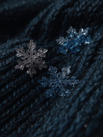 Snowflakes with intricate designs lie gently on a deep blue knitted fabric, showing the beauty of winter and its delicate patterns.の素材