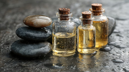 Glass bottles filled with essential oils are arranged on smooth, dark stones, surrounded by droplets of water, creating a calm and relaxing atmosphere.の素材