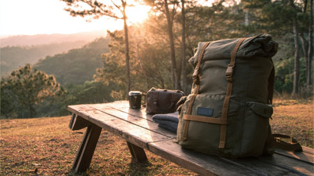 A rugged backpack rests on a wooden bench overlooking a tranquil mountain vista at sunrise, accompanied by a cup of coffee and neatly folded towels.の素材