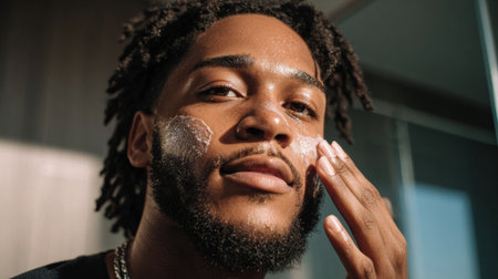 A man applies facial cleanser to his skin while looking confidently into the camera, illuminated by natural light in a modern bathroom.の素材