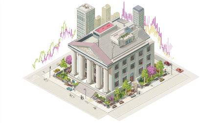 A financial institution building is located in a vibrant urban area filled with modern skyscrapers. Colorful trees and busy streets add to the atmosphere.の素材