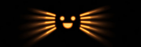 A bright smiley face emits rays of light against a dark backdrop, evoking a sense of joy and positivity, ideal for expressing happiness or celebration.の素材