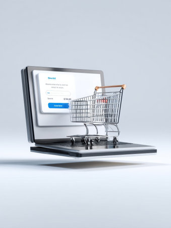 A digital shopping cart floats above a computer screen displaying a payment page, illustrating the convenience of online retail transactions today.の素材