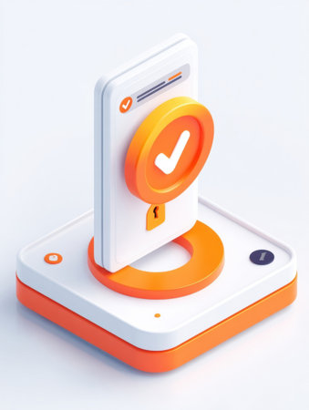 A unique mobile device security concept showcases a check mark and lock symbol design. The vibrant orange and white color scheme enhances the modern look.の素材