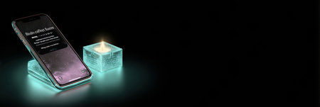 A smartphone is placed on a translucent, glowing cube with a lit candle beside it, creating a serene and modern atmosphere in a dimly lit room.の素材