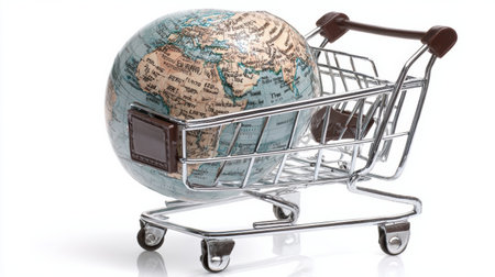 A shopping cart holds a globe, representing the connection between global commerce and consumer culture in a contemporary setting.の素材
