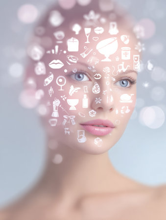 Icons of beauty themes overlay a soft focus background, emphasizing skincare, hair care, and lip trends while showing a serene expression in natural light.の素材
