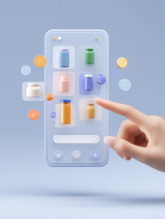 A hand taps a smartphone displaying vibrant health products against a soothing blue background, highlighting digital shopping.の素材