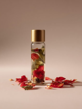 A glass bottle showcases a blend of oil and vibrant dried flower petals, surrounded by scattered petals, creating an artistic display in a soft lighting.の素材