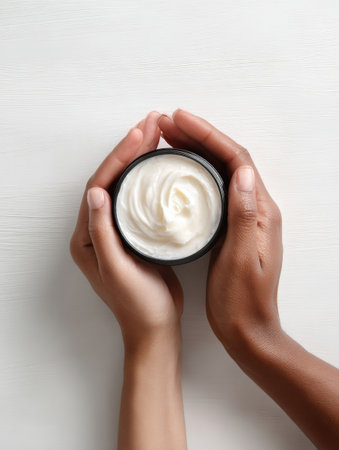 Two hands gently cradle a jar filled with rich moisturizer, showcasing a serene skincare ritual against a neutral background.の素材