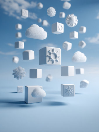 Various white cubes depicting weather symbols like clouds and snowflakes float serenely against a clear blue sky, creating a peaceful atmosphere.の素材
