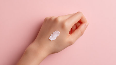 A dollop of moisturizer cream is carefully applied to the back of a hand, set against a pastel pink background, highlighting skincare and hydration focus.の素材