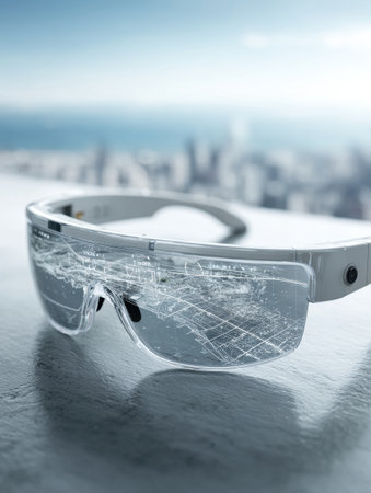 Smart glasses are displayed on a modern surface with a clear view of a bustling city skyline and ocean in the background, showcasing urban life in daylight.の素材
