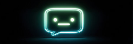 A glowing neon chat bubble featuring a neutral face expression on a dark background symbolizes contemporary digital communication in a dynamic way.の素材