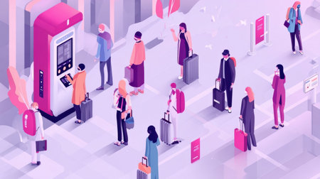 Crowd of travelers with luggage queuing at a transportation hub in a busy urban setting, interacting with digital information kiosks amid a vibrant atmosphereの素材
