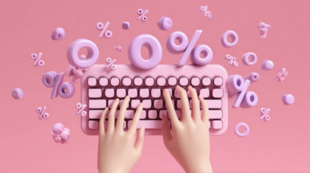 Hands are typing on a pastel pink keyboard surrounded by various floating percentage symbols. The playful aesthetic conveys a sense of fun and creativity.の素材