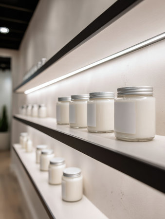 A row of clear candle jars filled with white wax is displayed on sleek black shelves, beautifully illuminated by warm lighting in an elegant indoor space.の素材