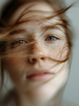 A natural freckled face is captured in motion blur, surrounded by minimalistic soft colors creating an ethereal quality with a clear top section.の素材