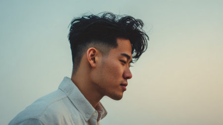Stylish Asian individual showcases a contemporary hairstyle with relaxed curls against a soft gradient backdrop, highlighting their unique look at dusk.の素材