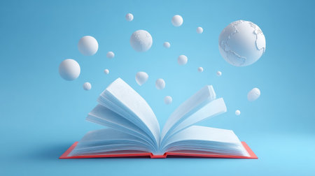 An open book floats against a blue background, surrounded by white spheres and a globe, symbolizing the connection between reading and exploration.の素材