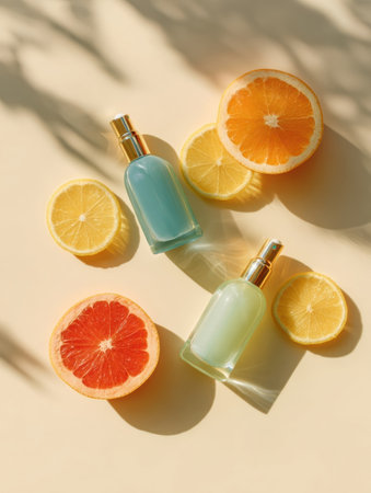 Two glass bottles in pastel colors are placed on a light surface alongside fresh grapefruit and orange slices, capturing a sunny and refreshing vibe.の素材