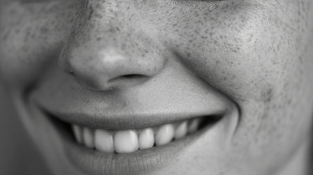 Close-up of a smiling face showcasing skin texture and freckles in monochrome, highlighting natural beauty with a clear space at the bottom.の素材