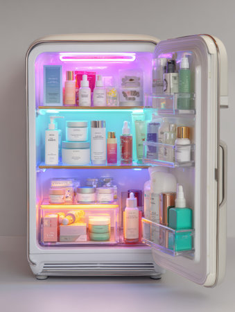 Skincare refrigerator is open showcasing a well-organized array of beauty products illuminated by neon lights, creating a visually appealing atmosphere.の素材