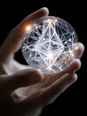 A hand gracefully holds a transparent sphere filled with delicate light patterns that symbolize connectivity and modern technology during the evening.の素材