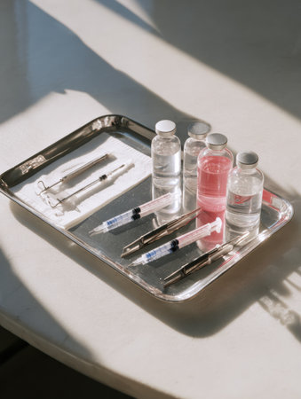 Various tools and vials are neatly arranged on a tray, showcasing a modern lip filler procedure setup with soft shadows enhancing the scene.の素材